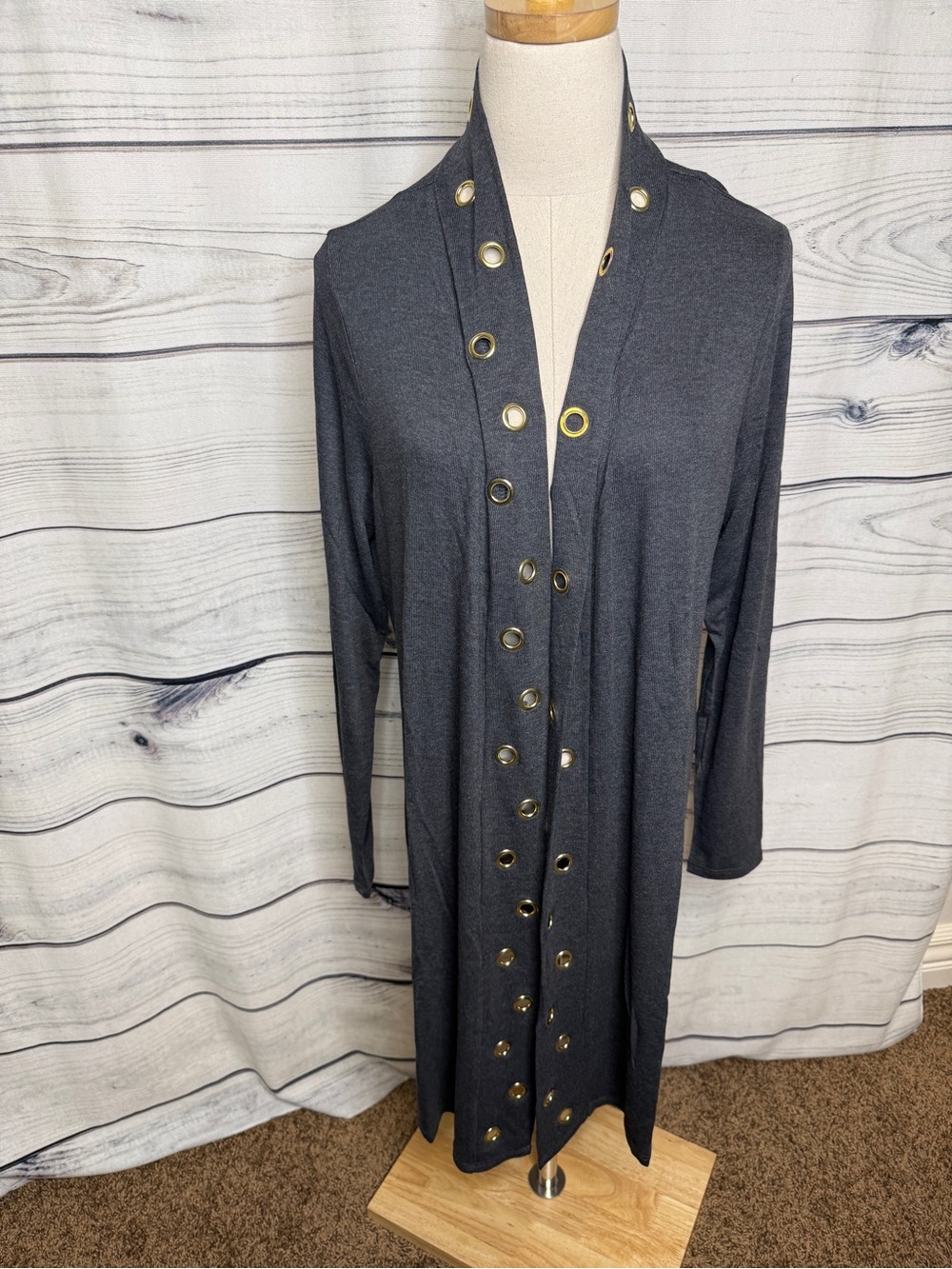 Long Open-Front Women’s Cardigan with Gold Eyelet Trim - Dark Gray